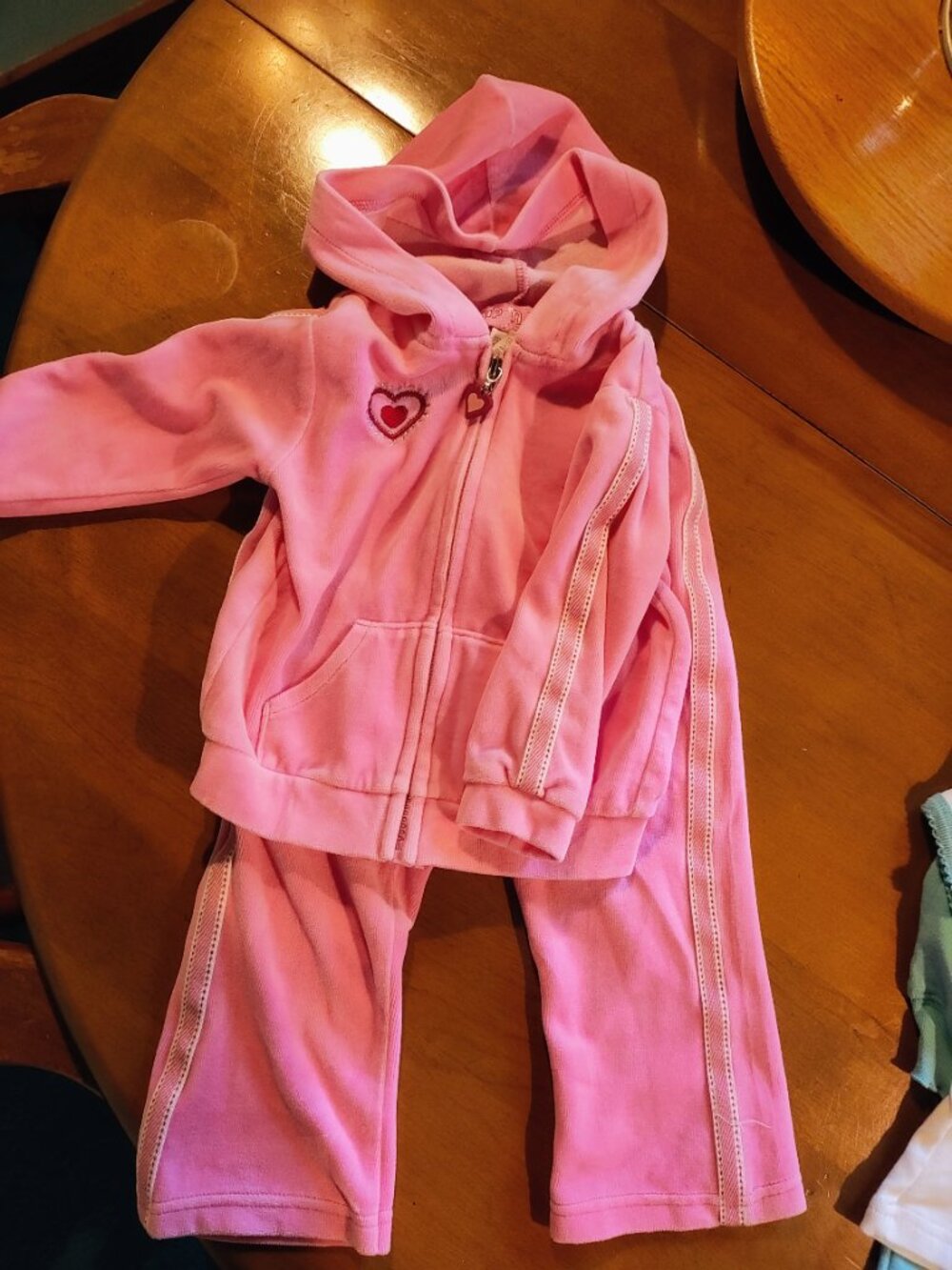 Girls "hip n hop" Pink jogging suite, 24 months, zipper, pockets. stripes, hood